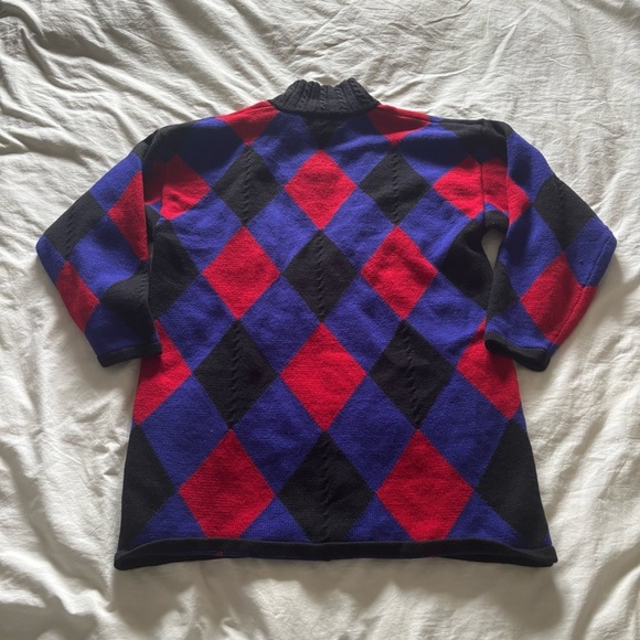 Classiques Entier Merino Wool Argyle Blue and Red Sweater Cropped Sleeves Size L - Picture 6 of 6